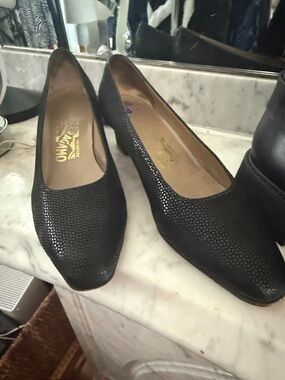 Salvatore Ferragamo Black Textured Leather block 2” Heels. Good condition.